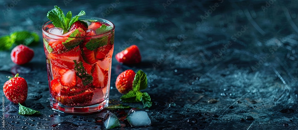 Poster Refreshingly summer strawberry lemonade drink with fresh berries and mint on a dark backdrop with available copy space image