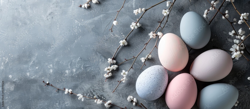 Aufkleber trendy pastel colored easter eggs on a gray backdrop with a modern copy space image