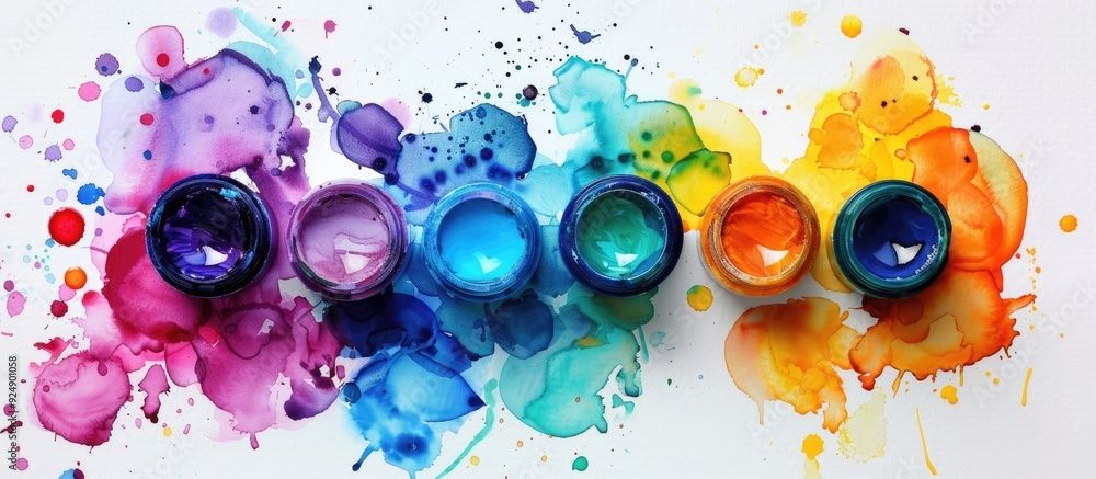 Poster set of colorful watercolor paints creating vibrant artworks with lots of copy space image