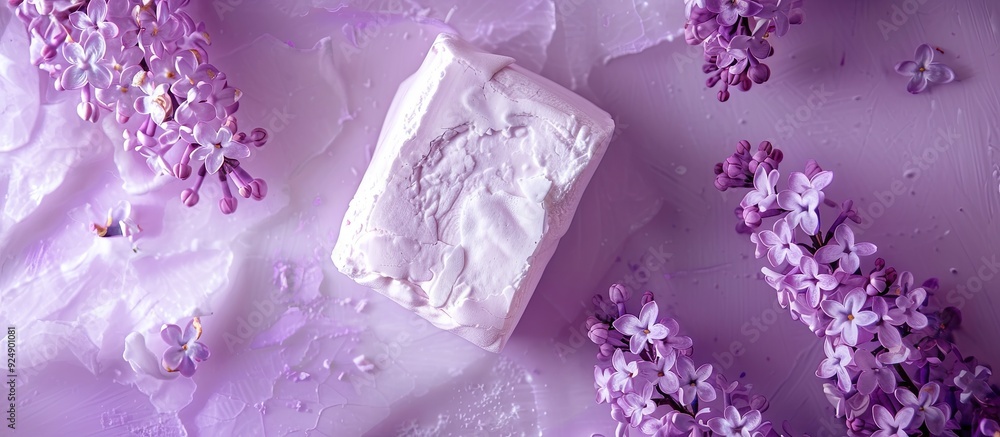 Aufkleber Top view of a homemade marshmallow in violet color set against a background of lilac flowers and zephyr ideal for copy space image