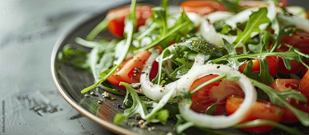 Poster fresh arugula tomato and onion salad served on a plate as a meal or snack on a table with a backgrou