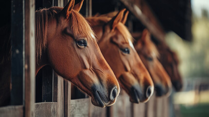 Fototapeta premium The Majestic Horses in the Stable are Beautifully Looking Out at Their Surroundings