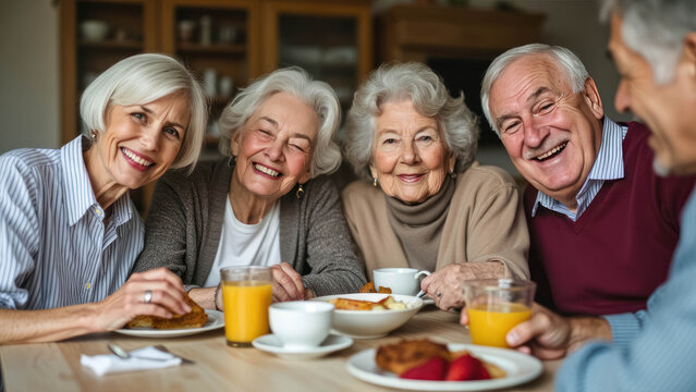 Happy Senior Group Of Caucasian Pensioner Friends Smiling And Having Breakfast Together At Family Home