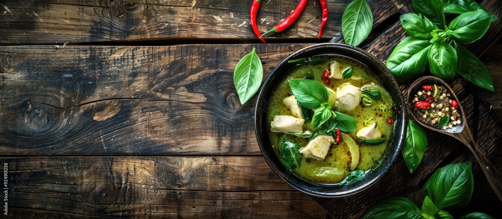 Aufkleber Green curry pork displayed on a rustic wooden table with ample copy space for text or image