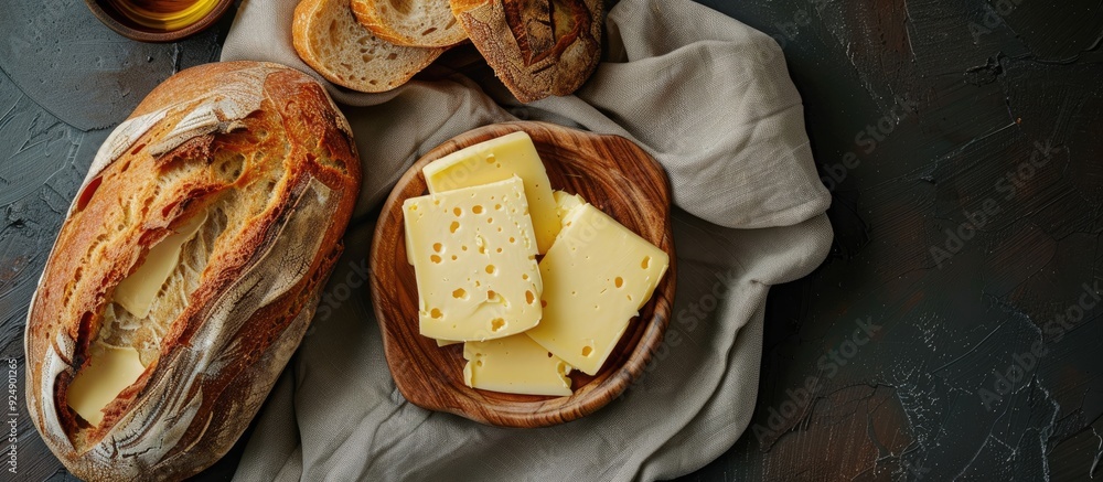 Poster freshly baked cheese bread accompanied by butter displayed in a copy space image