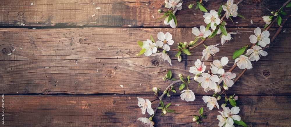 Leinwandbilder Spring branches with white pink blossoms on a wooden background form a rustic composition on a vintage textured table Close up top view with copy space image