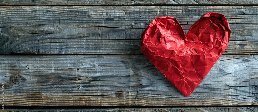 Poster valentine s day and romance concept with a red heart shaped paper on a wooden background showing lov