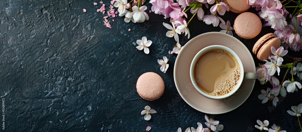 Poster morning indulgence with coffee and macarons adorned by flowers on a dark backdrop ideal for a copy s