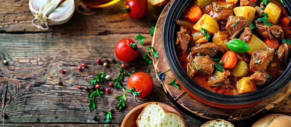 Aufkleber rustic image of a healthy meal snack with goulash meat stew vegetables and pork on a table outdoors 