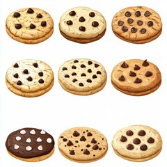 Obraz premium Assortment of tasty cookies, bakery, sweet treats, chocolate chip, clipart, white background, high quality--ar