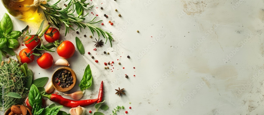 Poster fresh herbs vegetables and spices arranged on a bright surface with blank space for an image. creati