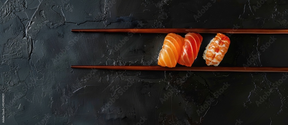 Poster sushi pieces held by chopsticks on a black backdrop with a copy space image for a creative japanese 