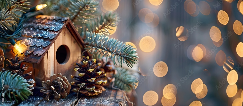Poster festive christmas scene featuring a birdhouse pine cones and twinkling lights against a background w