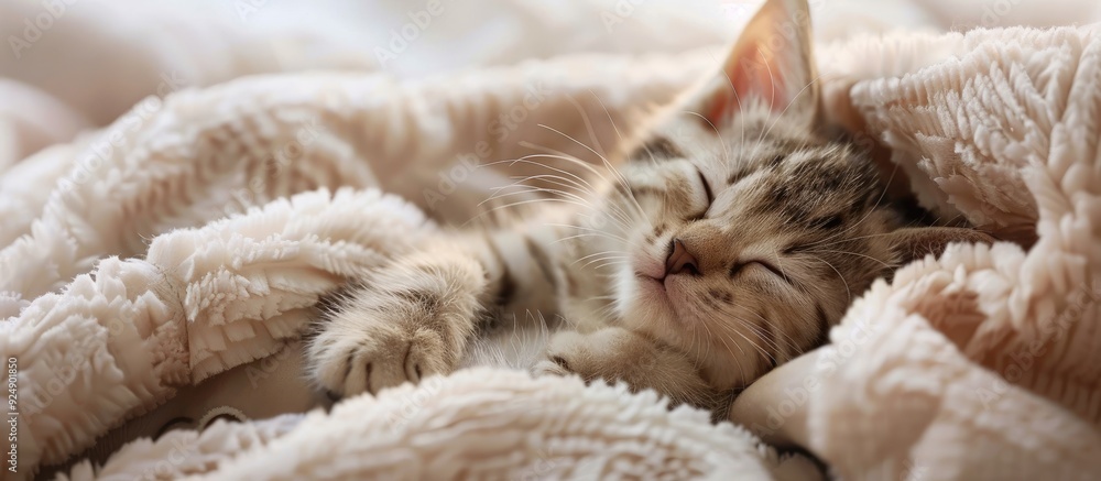 Poster regdoll cat sleeping on a soft blanket with copy space image