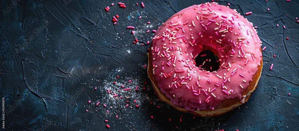 Aufkleber top view of a pink frosted donut with a bite taken out set against a dark backdrop highlighting ampl