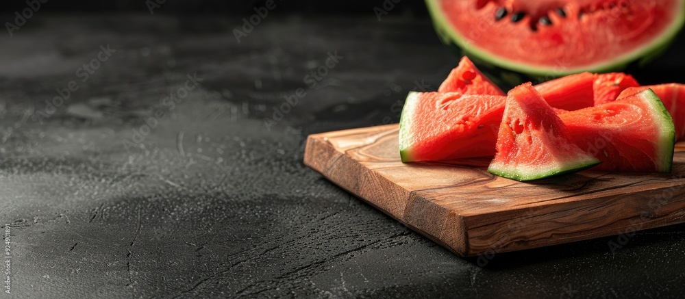 Poster watermelon pieces on a wooden board half a watermelon in the background black background horizontal 