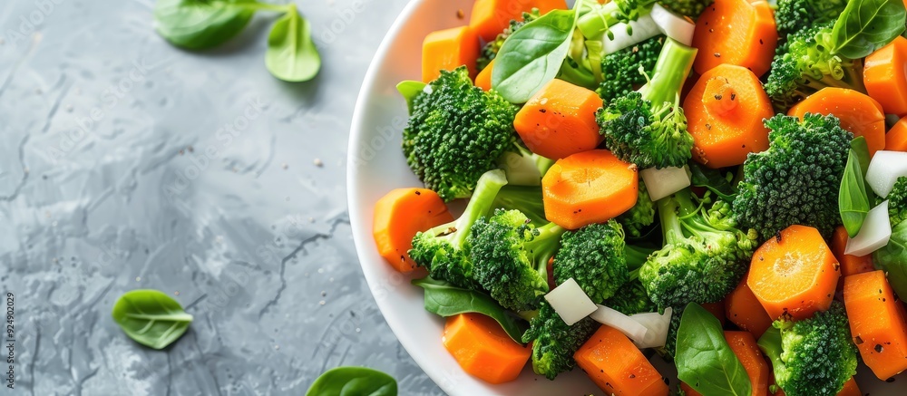 Poster a homemade salad featuring fresh broccoli and carrots with a copy space image available