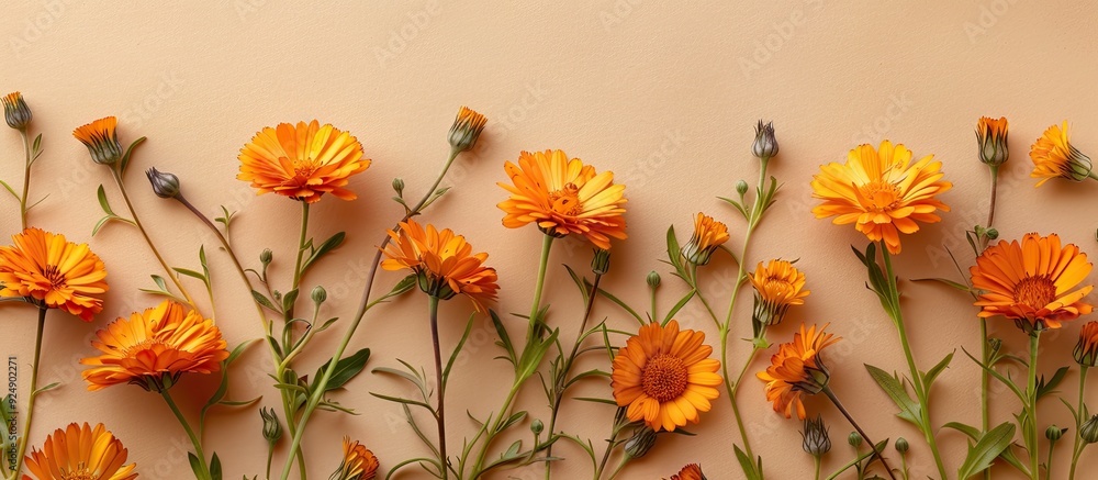 Poster a light brown backdrop showcasing lovely calendula flowers in a flat lay composition with room for t