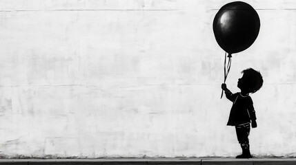 A silhouette of a child holding a black balloon against a white wall, evoking feelings of innocence and nostalgia.