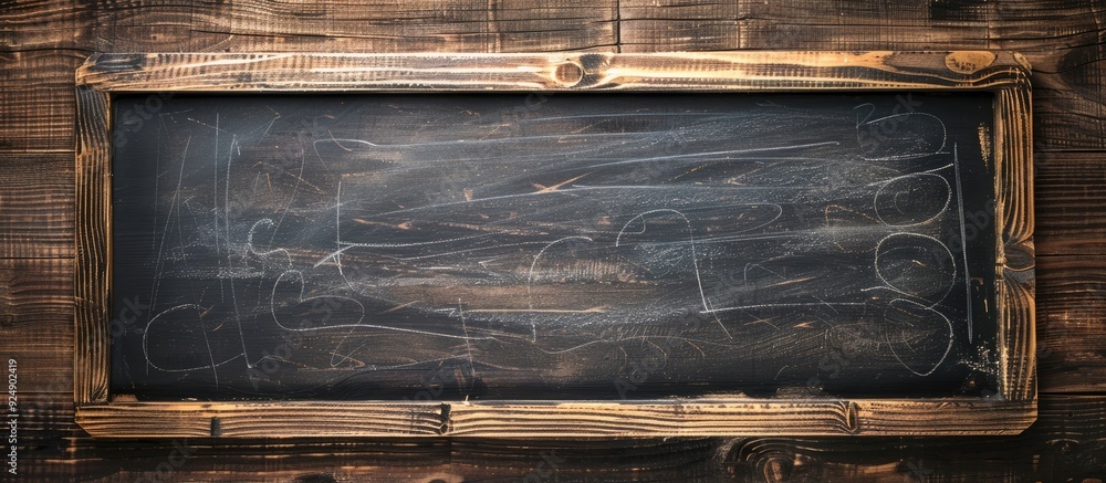 Poster Wooden background with a chalkboard offering copy space image