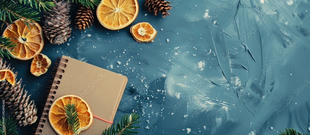 Aufkleber winter themed decorations including cones branches dried orange slices and a notebook mockup enhance