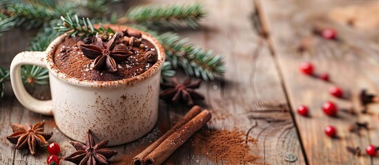 Quick Christmas breakfast idea A festive mug cake with traditional winter spices in a Christmassy setting with copy space image on a wooden background