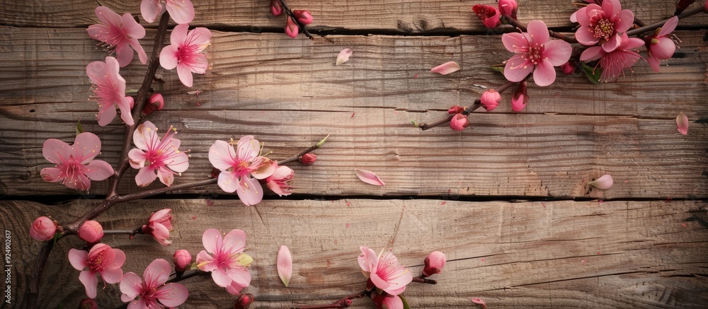 Poster Pink flowers in bloom on twig branches against a wooden backdrop with empty space for text or design. Creative banner. Copyspace image