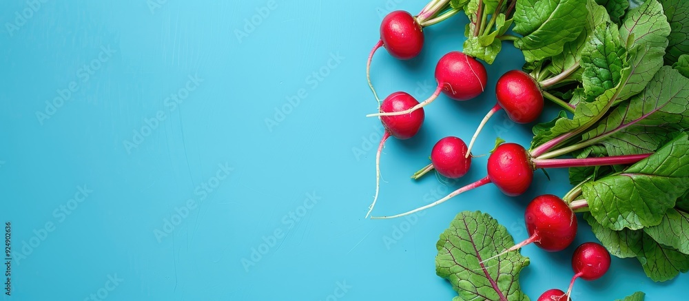 Aufkleber radishes with their leaves intact set against a blue backdrop providing ample copy space image