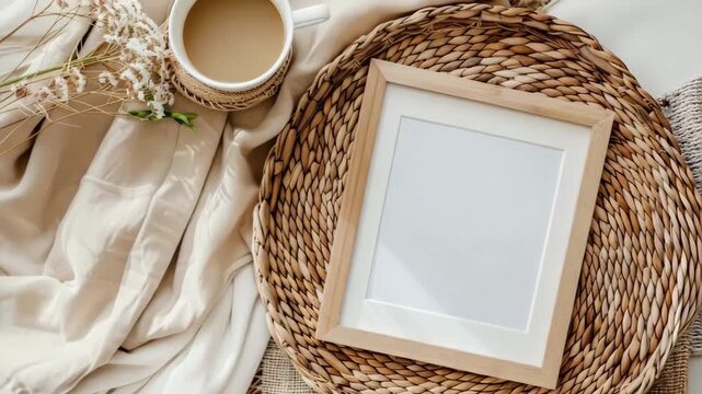 Photo frame mockup with blank white inside on wicker tray, coffee and flowers in neutral colors on bed background.