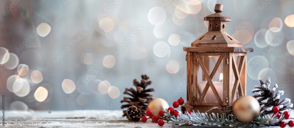 Poster festive wooden christmas lantern on a table with a light grey background perfect for a copy space im