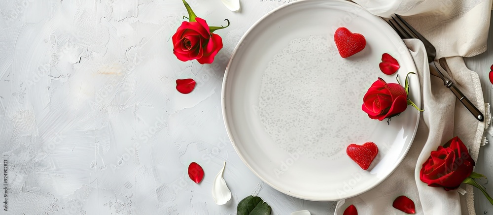 Aufkleber romantic dinner concept shown on a light background with an empty plate styled as a flatlay for copy