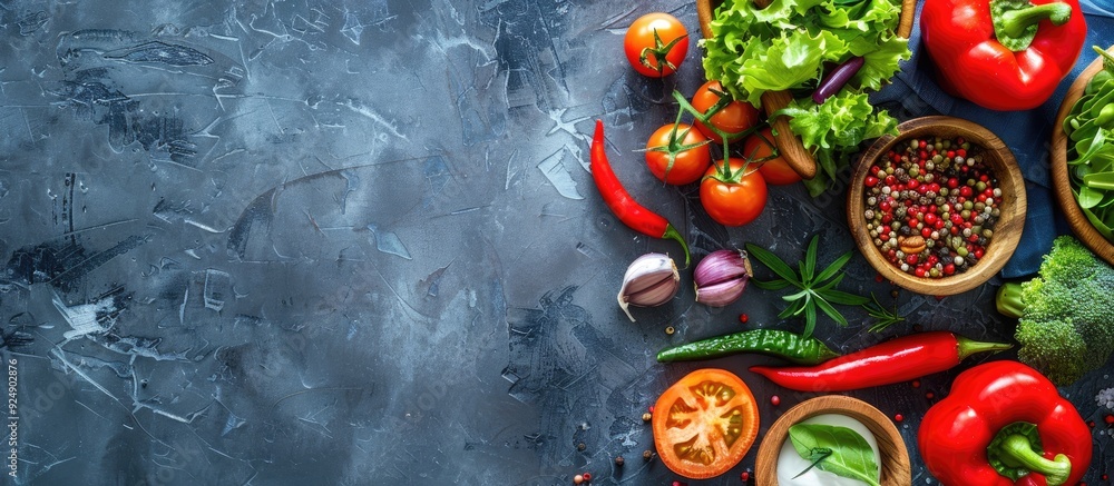 Poster fresh ingredients for healthy cooking or salads on a rustic background top view banner with copy spa