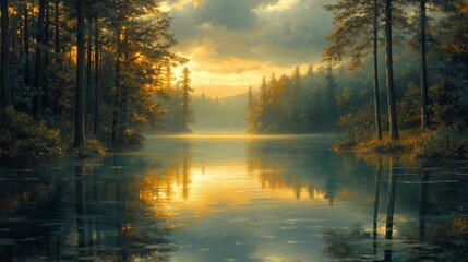 Obraz premium Golden sunset reflecting on calm lake water in forest