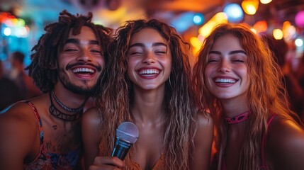 Friends celebrating with karaoke - generative ai