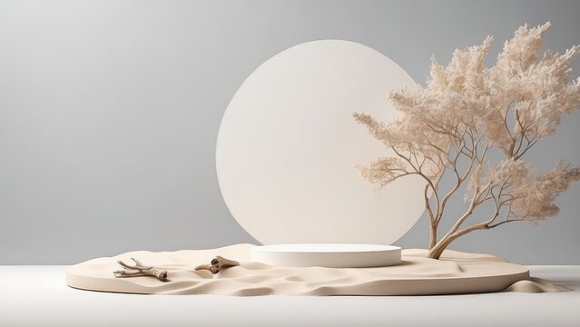 minimal backdrop mockup for product demonstration. On a white background, a white sand beach is surrounded by a podium and dried tree branches. illustration produced in three dimensions. Every element