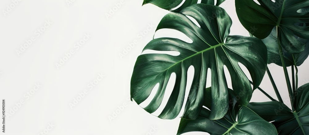 Poster monstera leaves in a contemporary setting against a white backdrop for a minimalistic theme offering
