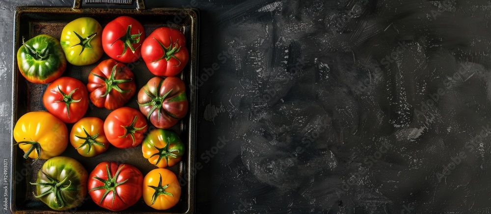 Poster tray with a variety of colorful organic tomatoes red yellow pink and green varieties displayed on a 