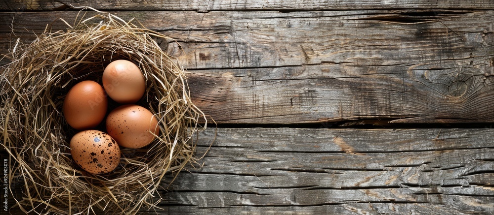Poster a rustic style easter photo concept featuring fresh organic eggs on a wooden background with ample c