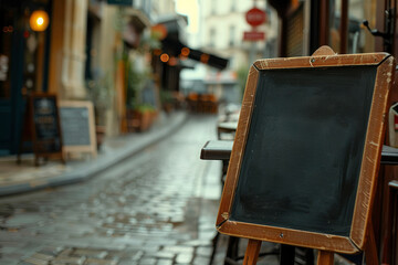Blank menu board in a wooden frame near cafe tables against the background of beautiful European street at sunset. Black chalk board for advertising a restaurant, cafe, bar. Mockup
