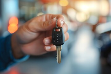 A close-up shot of a used car agent handing over an auto key, with a clear focus on the key and agent’s hand. The blurred backdrop features second-hand vehicles for sale