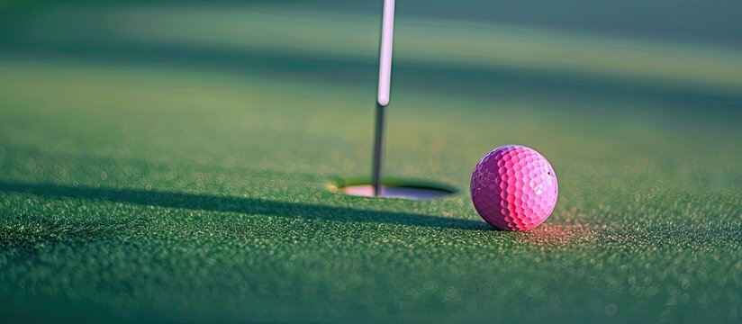A golf ball in pink shades near the flag and hole on a putting green creates a feminine themed copy space image suitable for women golfers