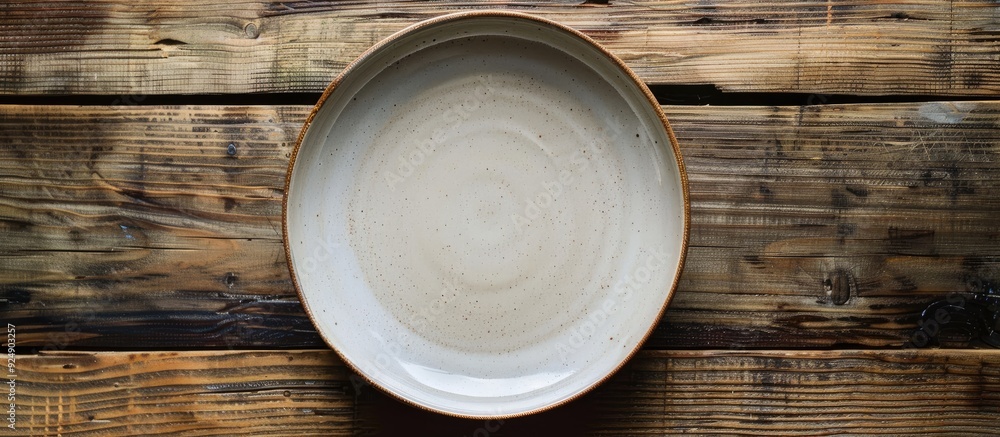 Fototapete top view of an empty plate set on a wooden surface ideal for showcasing or combining with healthy it