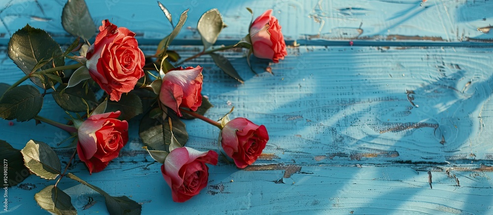 Aufkleber vintage style copy space image of roses on a blue wooden surface for adding text
