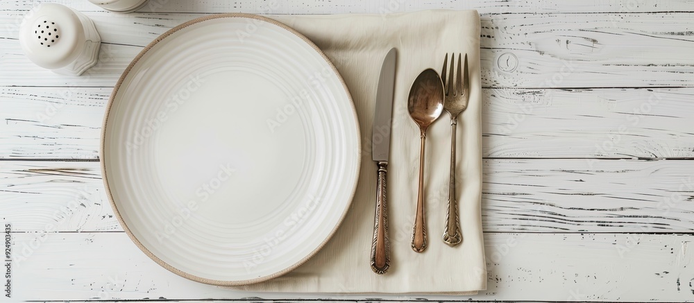 Leinwandbilder A white table with an empty plate and cutlery providing space for additional elements in the image