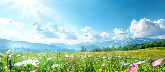 Scenic landscape with blooming flowers in a grassy meadow under a picturesque blue sky with fluffy white clouds ideal as a copy space image
