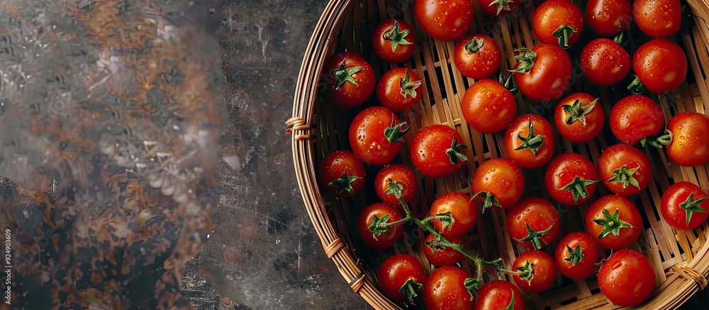 Poster ripe red tomatoes on a bamboo strainer with copy space image