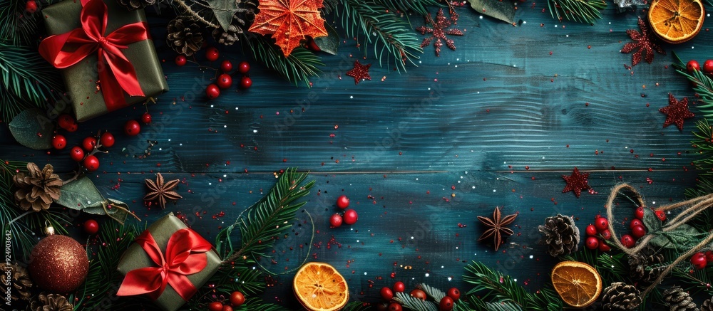 Poster festive christmas scene with green tinsel dried oranges red berries pine cone gift with a red bow st