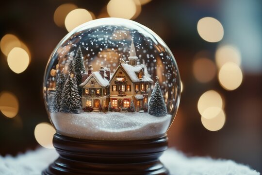 A beautiful snow globe contains a miniature Christmas village with tiny houses, shops, and churches, surrounded by snowflakes and glitter. The scene is a perfect representation of a winter wonderland.