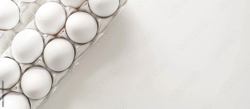 Poster Top view of white chicken eggs in packaging on a light background with copy space image representing natural healthy food and organic farming a minimalistic background with an Easter theme