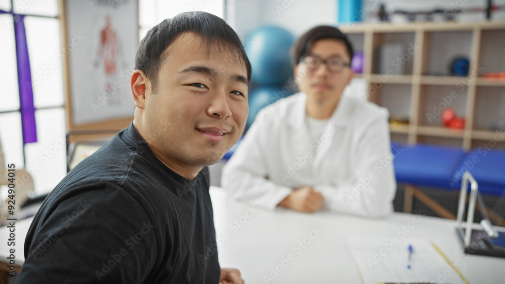 Wall mural asian man receives consultation from male physiotherapist in modern clinic